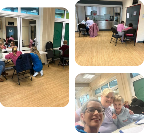 Three images of parents and children sat around tables completing activities